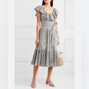 Tory Burch Ruffled Striped Embroidered Midi Dress